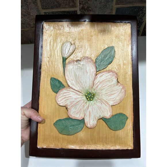 Vintage Wood Engraved 3D Hand Painted Raised Flower Art. Arts Wall Plaque. - Picture 2 of 8